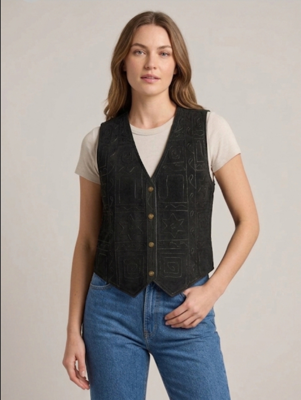 Stefano Basics Vintage Black Leather Button Snap Western Vest Women's Medium